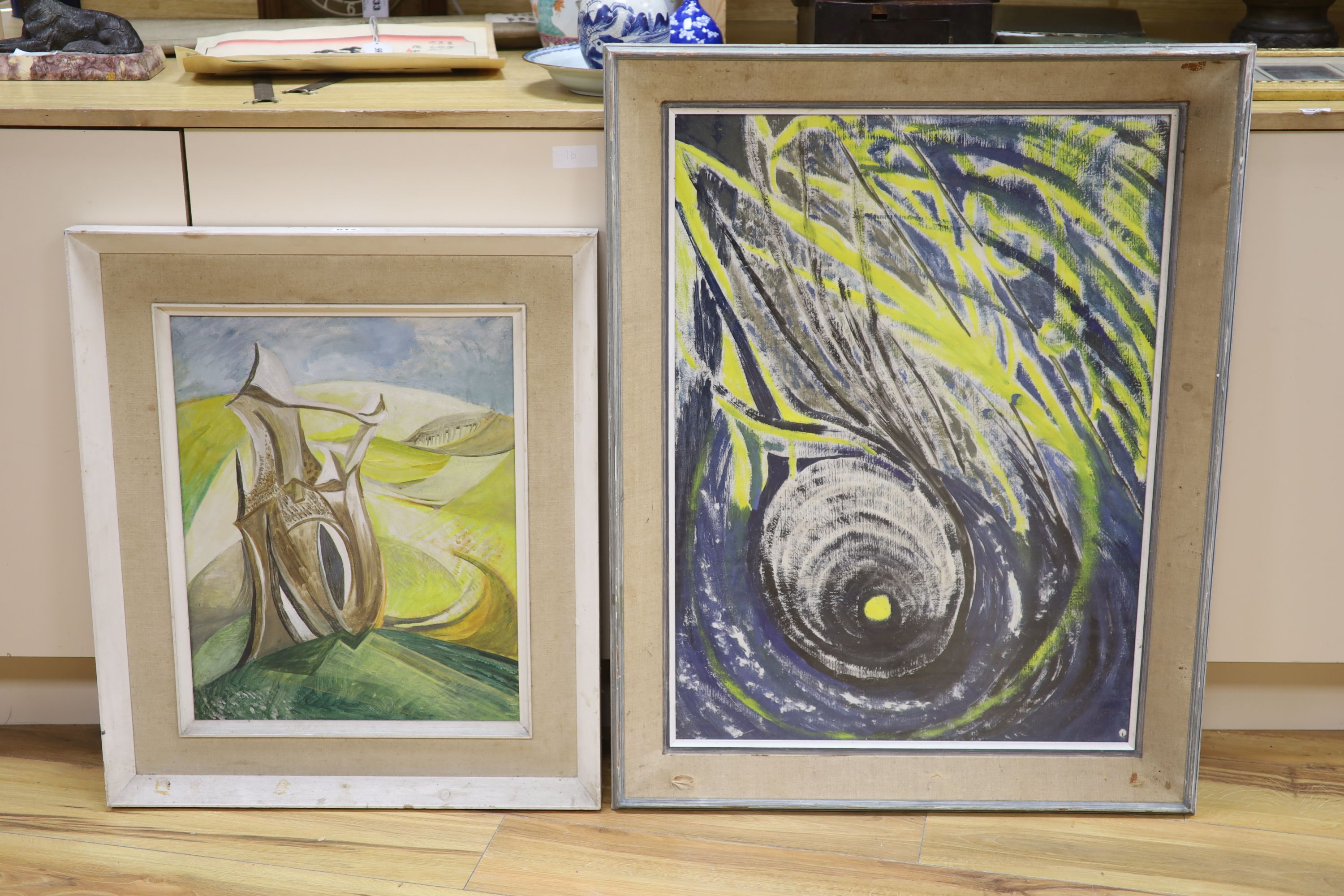 After Graham Sutherland, oil on canvas, Tree stump in a landscape, 50 x 40cm and an oil sketch of a comet